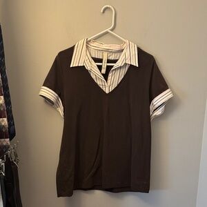 L.A. Blues Brown Short Sleeve Top with Striped Collar Detail